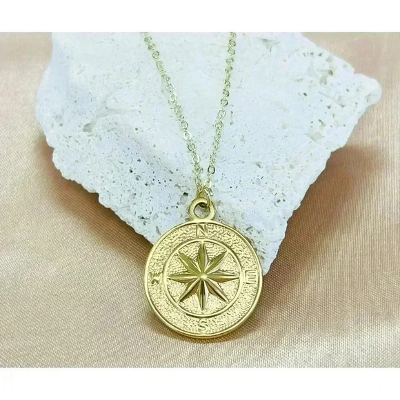 umbrellalaboratory Jewelry - Gold coin compass necklace nautical jewelry made with love